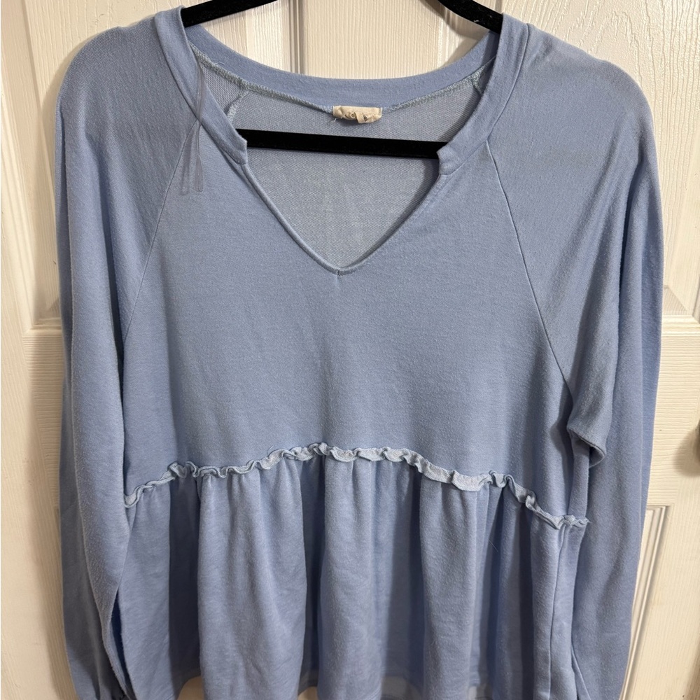 Peach Love California Light Blue Ruffle-Peplum Pullover
